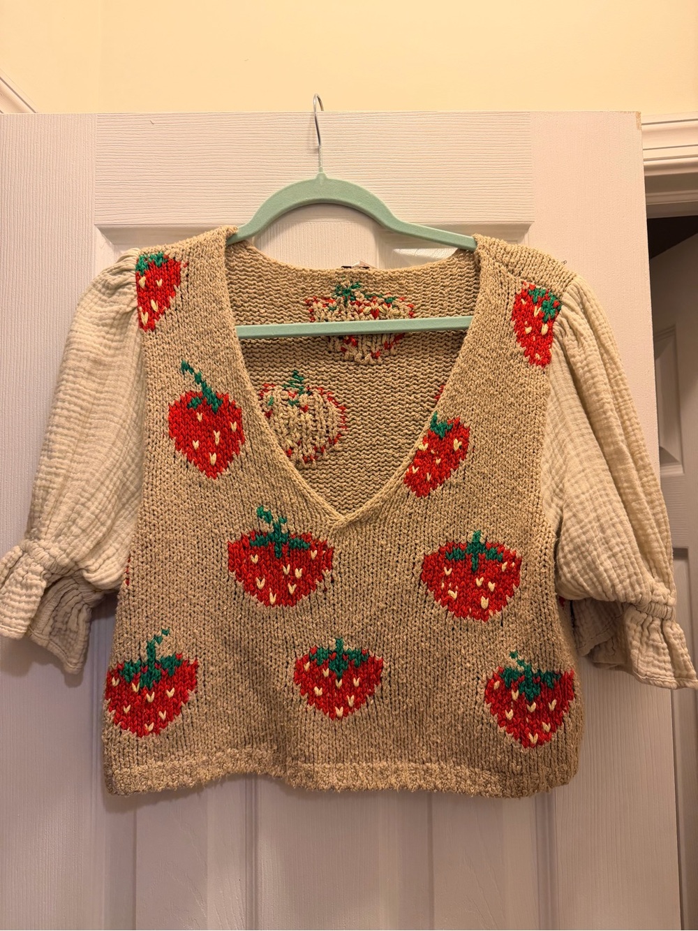 Free People Beige Strawberry Knit top with Red Motifs
